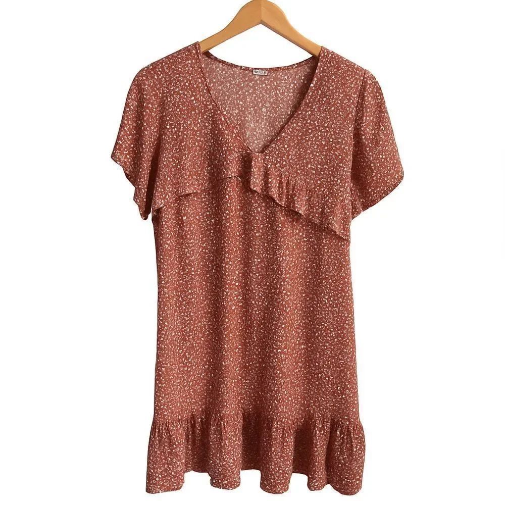Rust Red Printed Ruffle MiniโDress - Size M